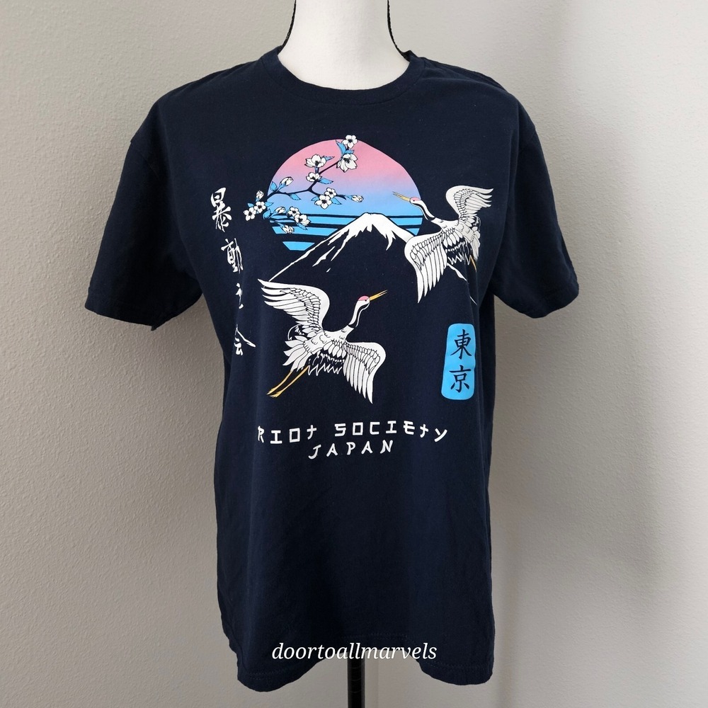 Riot Society Japan Cranes T-Shirt Streetwear‎ Harajuku sz M 100% Cotton